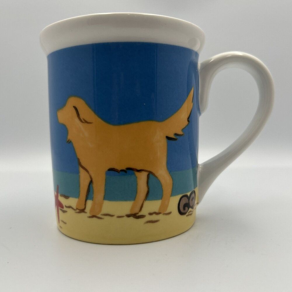 SHARD Golden Retriever Beach Coffee Mug Blue Ocean Dog Ceramic Cup - EUC